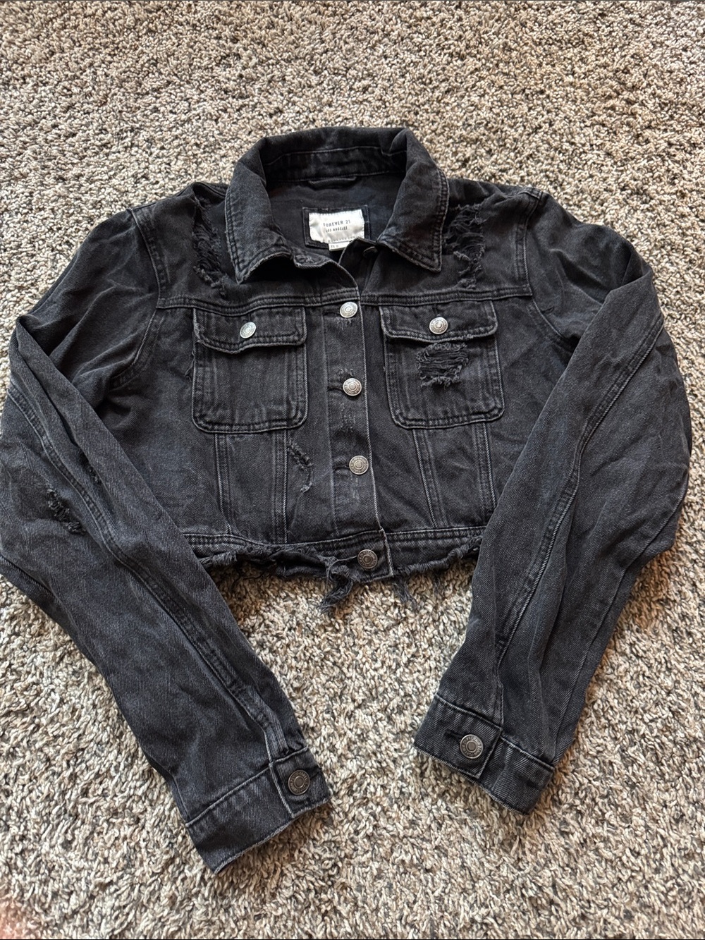 Forever 21 Black Cropped Distressed Denim Jacket